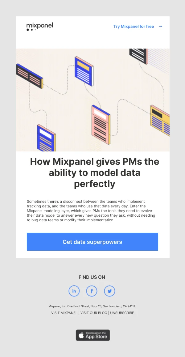 Mixpanel Data Modeling — Product Promotions & Updates email design preview