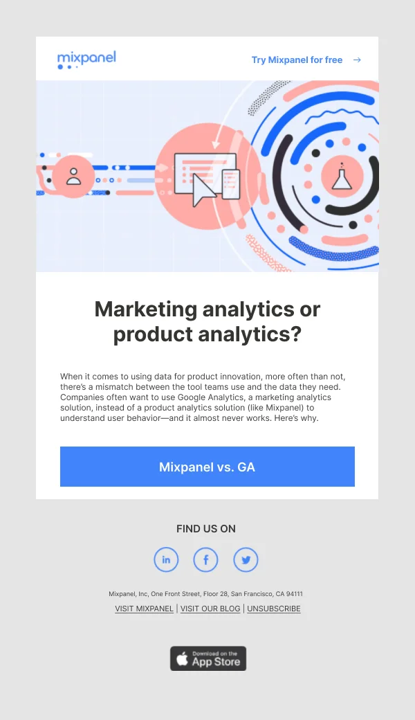 Mixpanel vs. Google Analytics comparison — Product Promotions & Updates email design preview