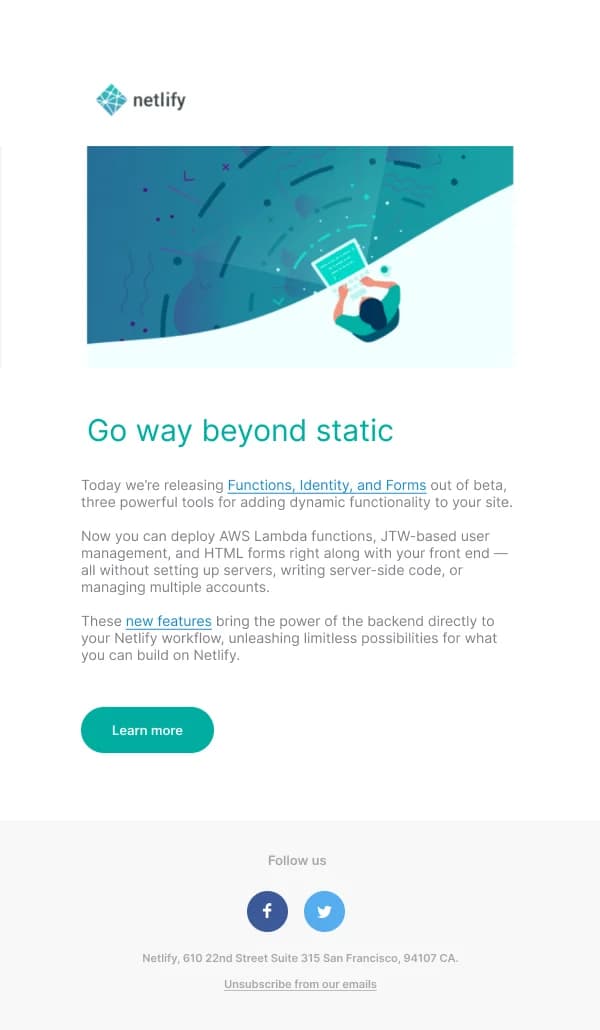 Netlify new features announcement — Product Promotions & Updates email design preview