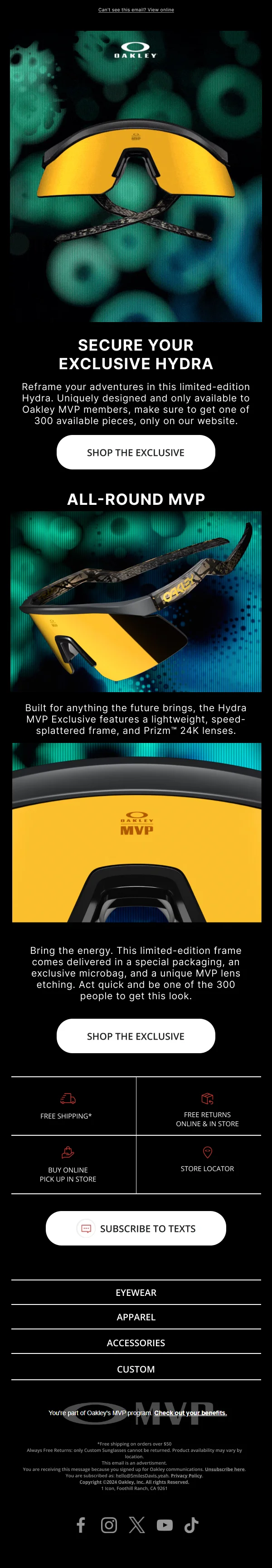 Oakley Exclusive Hydra MVP — Product Launch email design preview