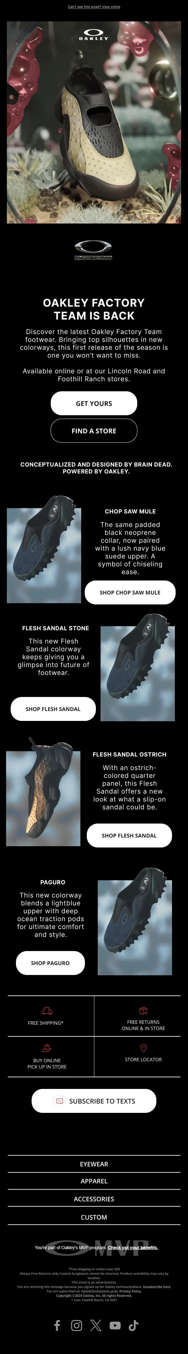 Oakley Factory Team Return — Product Promotions & Updates email design preview