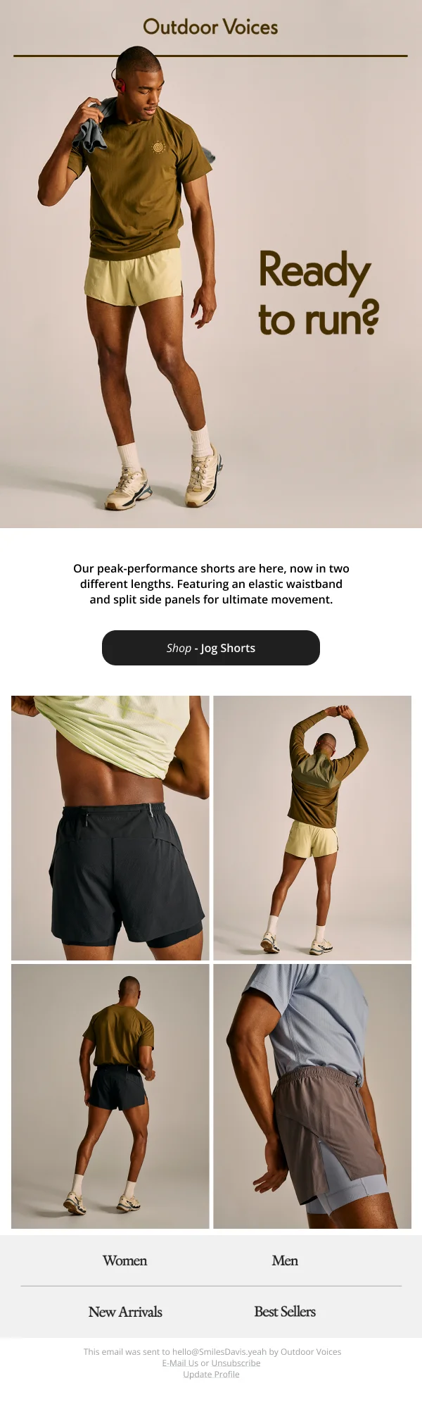 Outdoor Voices Jog Shorts — Product Promotions & Updates email design preview