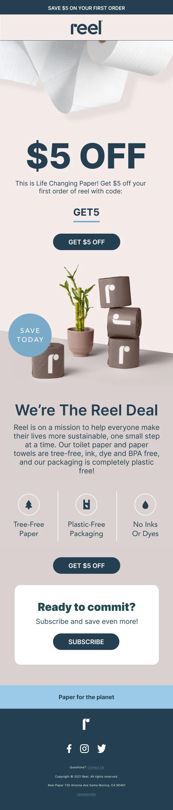 Reel $5 Off First Order HTML Email Template