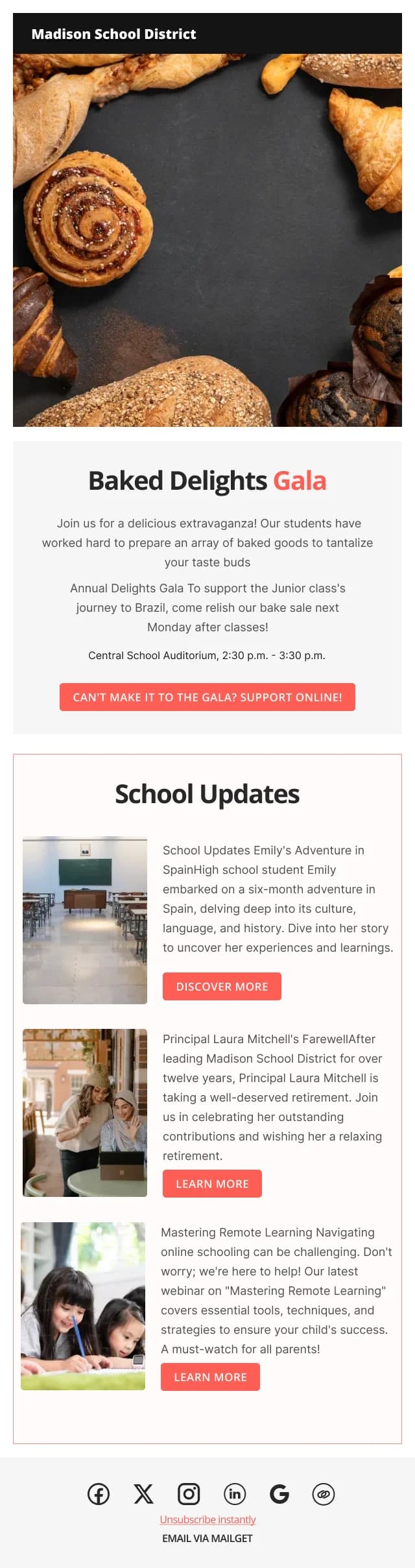 Restaurant-Baking School Updates — Newsletter email design preview
