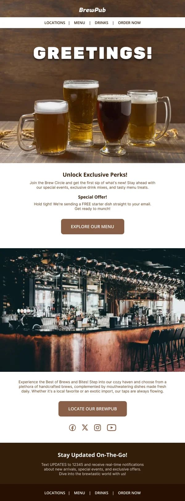 Restaurant BrewPub Exclusive Perks — Welcome email design preview