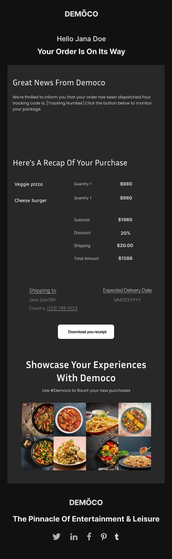 Restaurant-Democo Order Is On Its Way — Order Confirmation email design preview