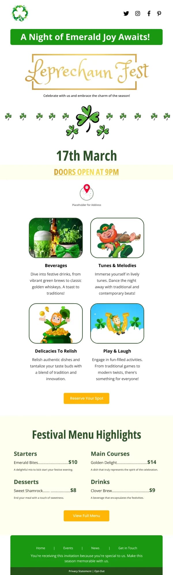 Restaurant-Leprechaun Fest Offer — Retargeting & Triggers email design preview