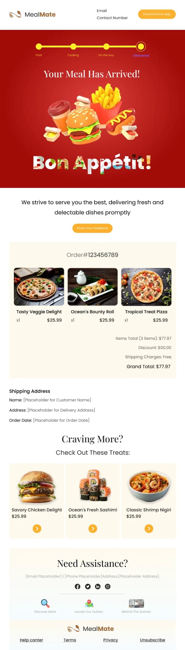 Restaurant-Meal Has Arrived — Notifications & Acknowledgement email design preview