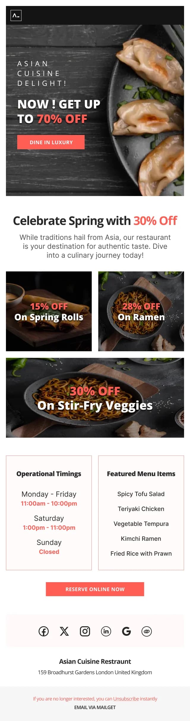Restaurant Offer Asian Cuisine — Discounts & Coupons email design preview