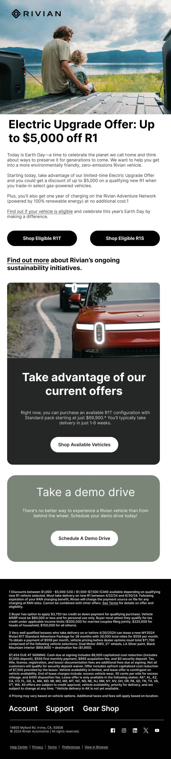Rivian Earth Day Electric Upgrade Offer — Discounts & Coupons email design preview