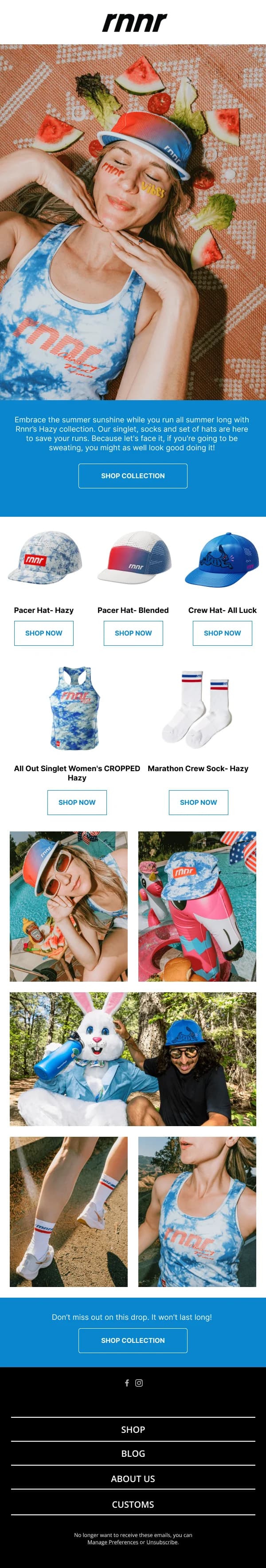 Rnnr Hazy Collection with hats, socks, and singlets — Product Launch email design preview