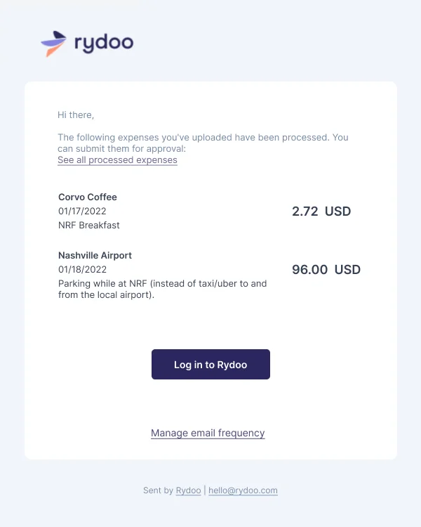 Rydoo Expense Processed — Notifications & Acknowledgement email design preview