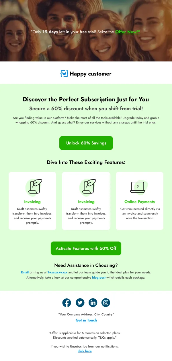 SaaS Happy Customer 60% Off — Discounts & Coupons email design preview