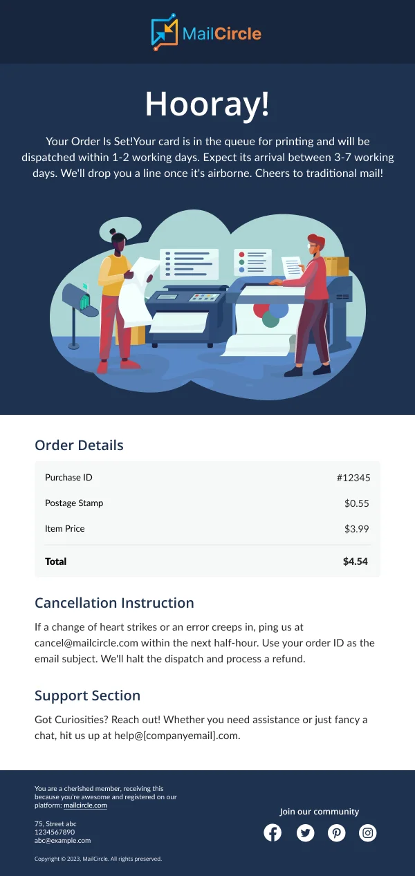SaaS-Mailcircle Card Order Confirmed — Order Confirmation email design preview