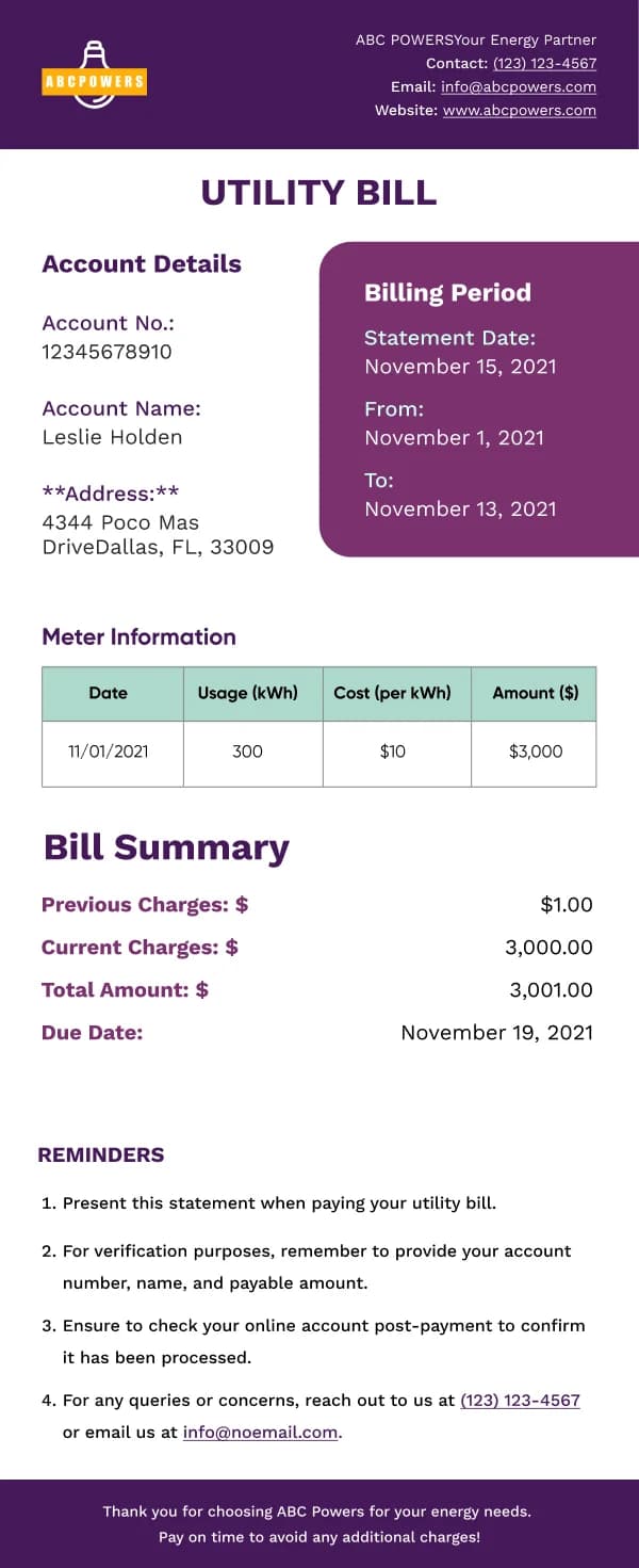 Utility Bill Notification HTML Email Template
