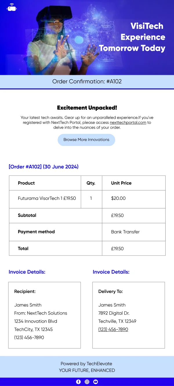 VisiTech Order Confirmation HTML Email Template