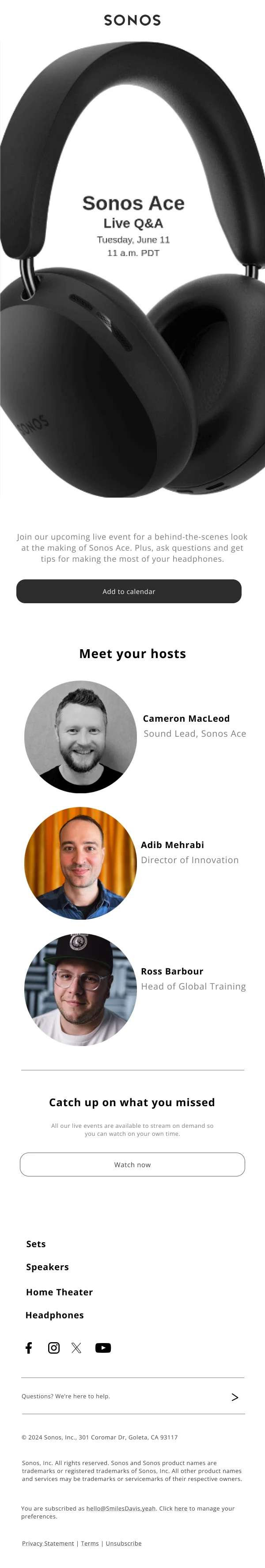 Sonos Ace Live Q&A Event — Events & Invitations email design preview