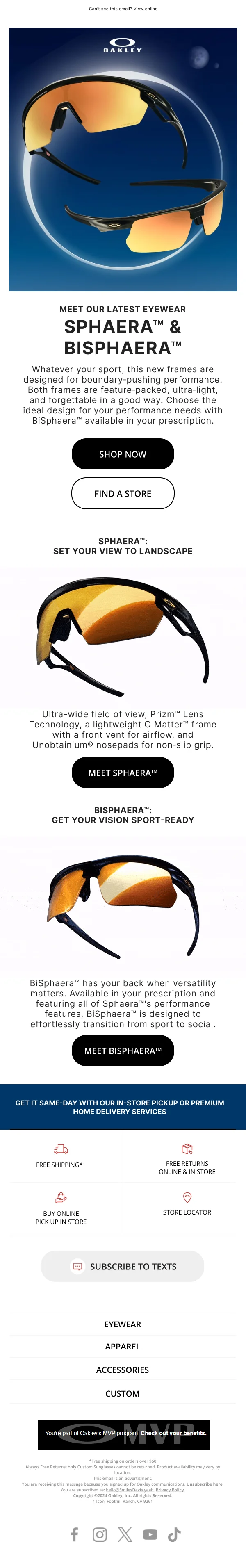 Sphaera & BiSphaera Eyewear — Product Promotions & Updates email design preview