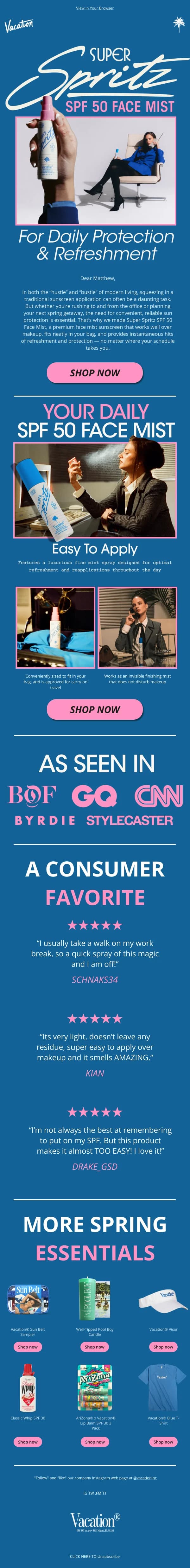 Super Spritz SPF 50 Face Mist — Product Promotions & Updates email design preview