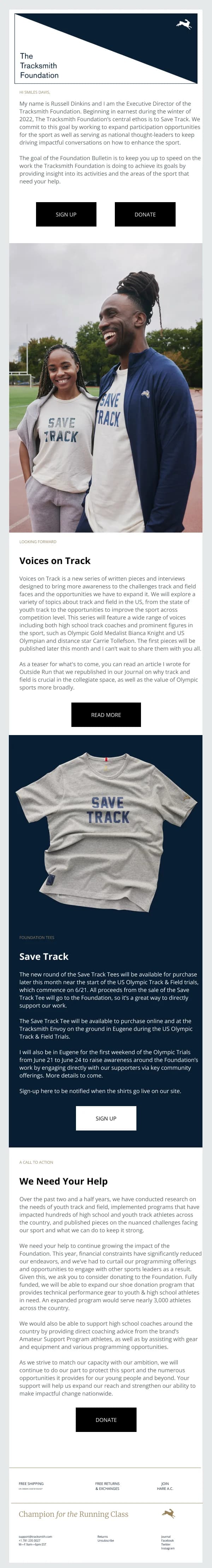 Tracksmith Foundation Bulletin — Notifications & Acknowledgement email design preview
