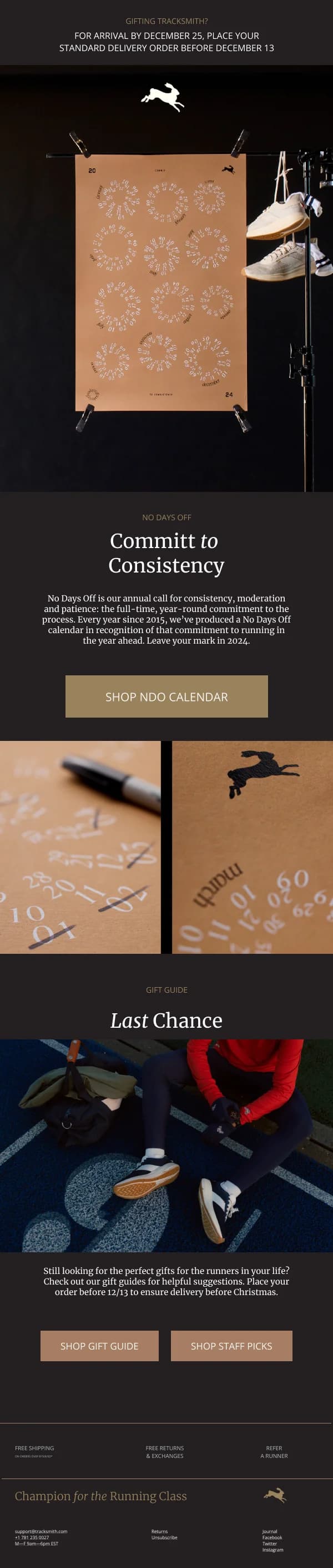 Tracksmith No Days Off Calendar & Gift Guide — Christmas email design preview