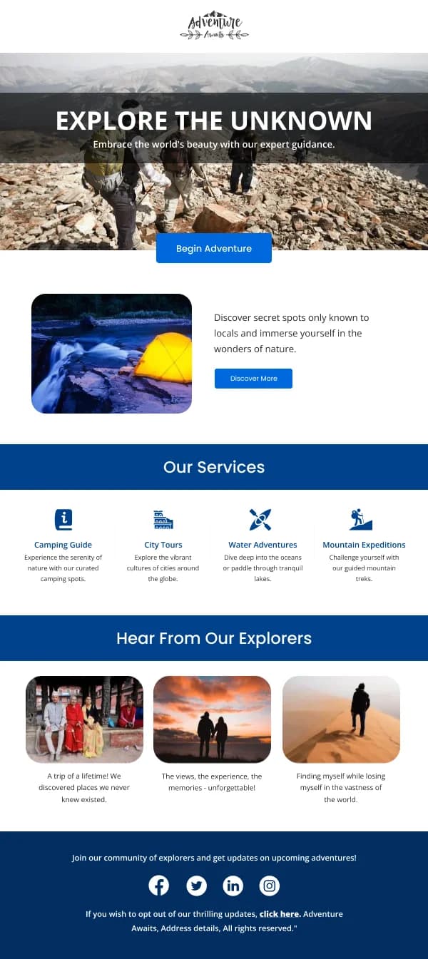 Travel-New Adventures And Camping — Product Launch email design preview