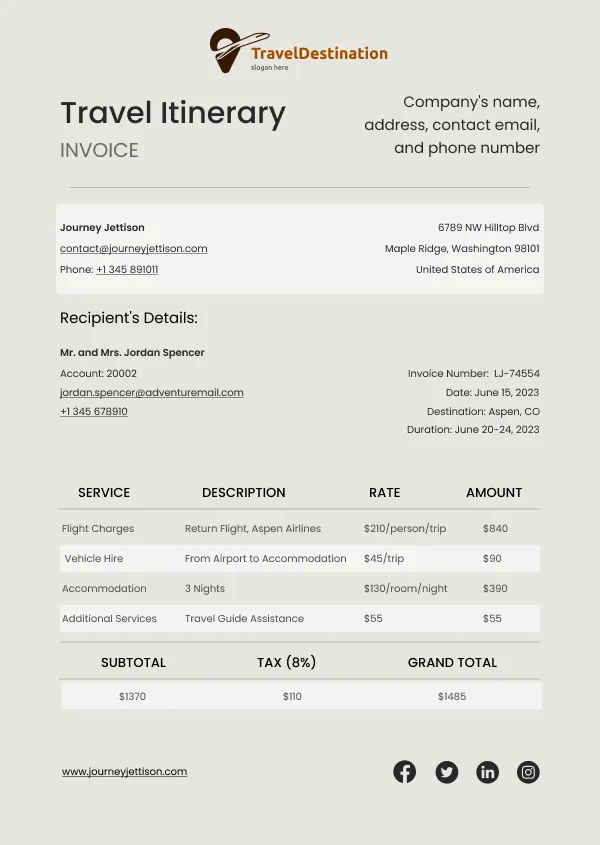 Travel Itinerary Invoice HTML Email Template