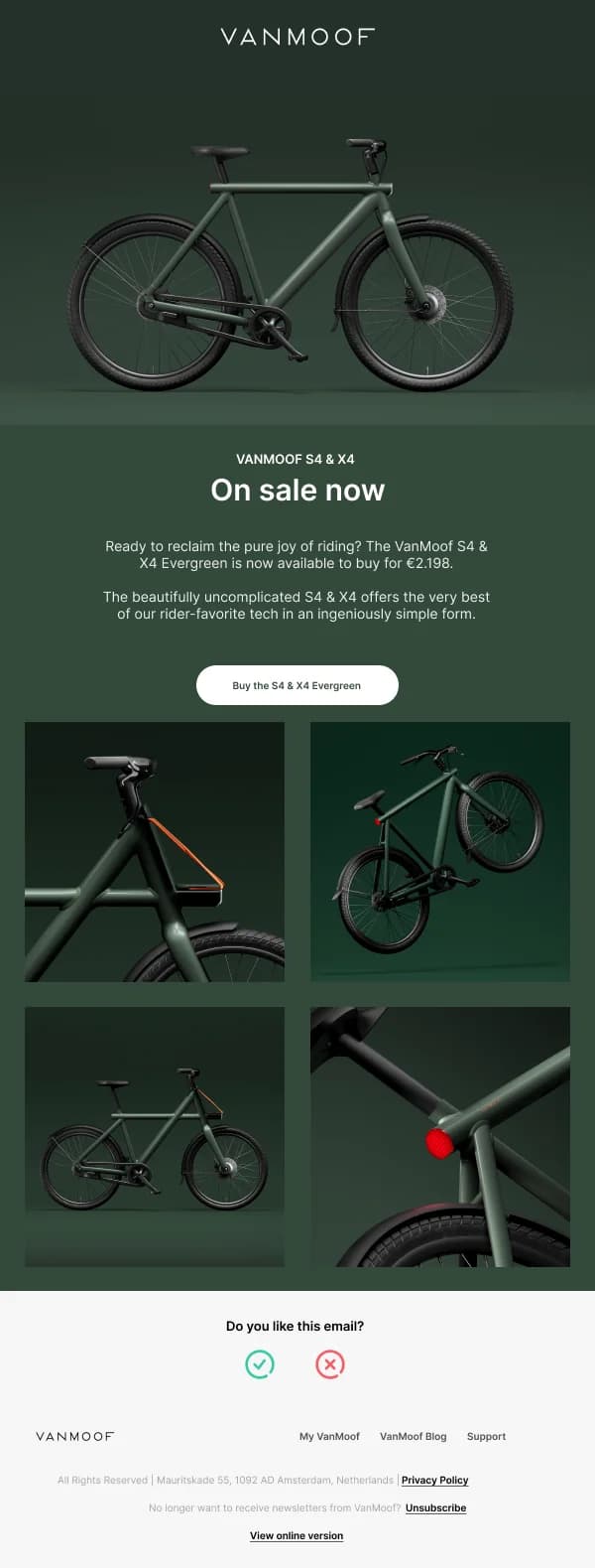VanMoof S4 & X4 Evergreen On Sale Now — Product Promotions & Updates email design preview