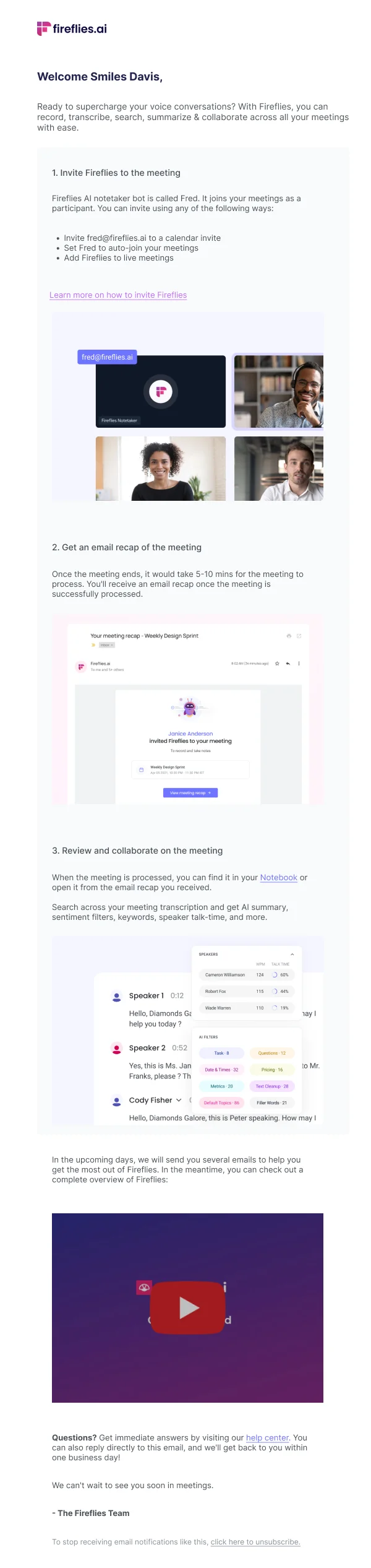 Welcome to Fireflies.ai — Welcome email design preview