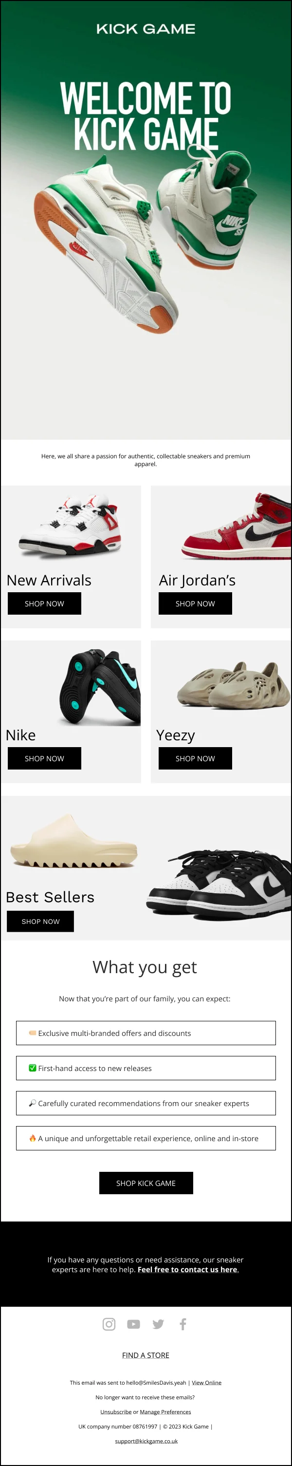 Welcome to Kick Game Sneakers Collection — Welcome email design preview